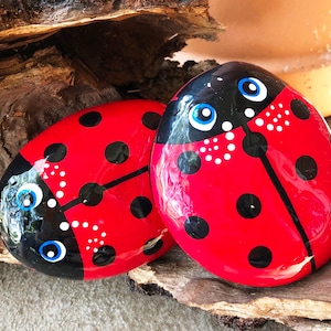 Adorable Red Ladybugs hand painted rocks sealed in resin - great gift idea - 2 ROCKS!
