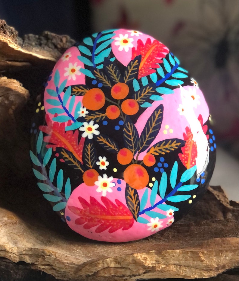 Colorful abstract floral print hand painted rock sealed in resin unique gift idea