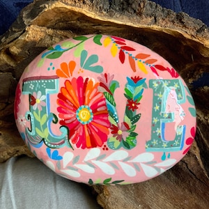 Boho LOVE floral with LOTS of detailing hand painted rock sealed in resin unique gift idea