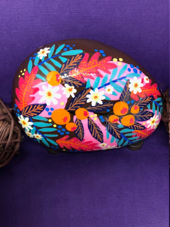 Colorful abstract floral print hand painted rock sealed in resin unique gift idea