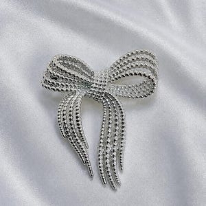 Silver Bow Brooch • Textured Ribbon Pin • Elegant Statement Jewelry • Dress Scarf Blazer Accessory • Gift for Her
