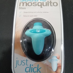 May include: A blue and black plastic mosquito bite soother with the text "soothe mosquito bites" and "just click" on the packaging. The packaging also states "Stops itching and safe for children" and "Natural rapid relief".