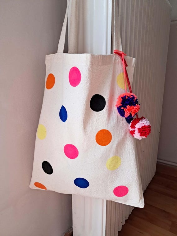 Multicolor polka dot cotton tote bag-sustainable bag-eco shopper  bag-natural cotton tote bag-hand painted bag-minimalist bag-gift for her