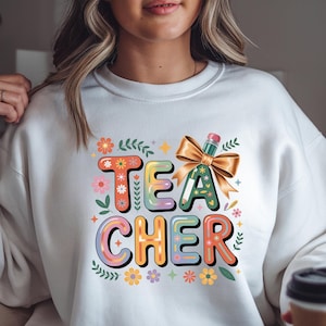 Lerarensweater met bloemenprint boho – comfortabele kleuren ronde hals – kleurrijk lerarencadeau – schattige lerarentrui voor dames