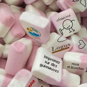 Personalized candies, marshmallows, 24 pink and white printed marshmallows 4 cm x 3 cm
