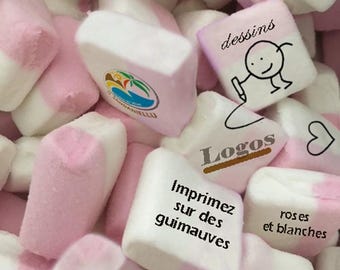 Bonbons personnalisés, marshmallows, 24 guimauves imprimées roses et blanches 4 cm x 3 cm