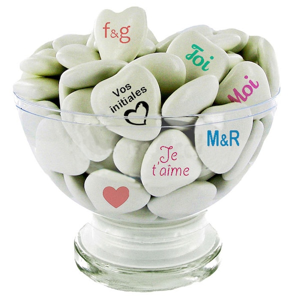 Personalized heart-shaped chocolate dragees x 100 - shiny white 1.5 cm