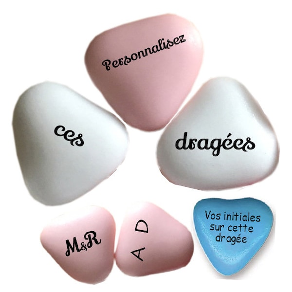 Mariage, baptème... Dragées  personnalisées en forme de coeur, au chocolat  x 100 - blanches, roses, bleues ou assorties, brillantes 1,5 cm