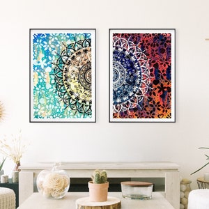 Set di 2 stampe artistiche di mandala geometrici: arredamento zen colorato per la casa, decorazione da parete boho