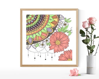 Flower Mandala Art Print, Spring Floral, Floral Art, Geometric Print, Wall Art, Home Decor, Mandala Wall Decor, Bedroom Decor, Colourful Art
