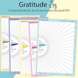May include: Five printable gratitude log templates in different colors: brown, blue, yellow, pink, and light blue. Each template features a circle with the text "This month I am thankful for..." and lines radiating outward for writing.