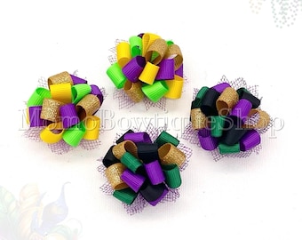 Loopy Pom Pom Mardi Gras Bow Set (Pigtail/Petite) : Purle, Green, and Gold Color Bow, Pet Party Cosutume