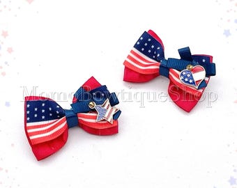Lovely American Flag : 2” Pet Bow, Dog or Cat Collar Accessory, 4th of July, USA Star or Heart Charm
