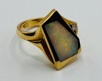 18K (High-Karat) Yellow Gold + Opal + Diamond Statement Ring BAND SIZE 6 1/2 (or 6.5) *VINTAGE*