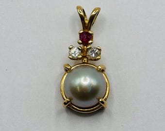 14K Yellow Gold + Pearl + Diamond + Ruby Pendant/Charm *VINTAGE*