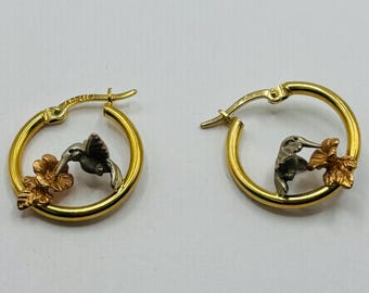 14K (Tri-Colored) Yellow/Rose/White Gold Hoop with Bird/Flower/Floral Earrings *VINTAGE*