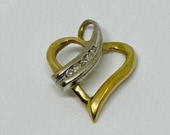 10K Yellow Gold + 10K White Gold + Diamond Heart Pendant/Charm *VINTAGE*