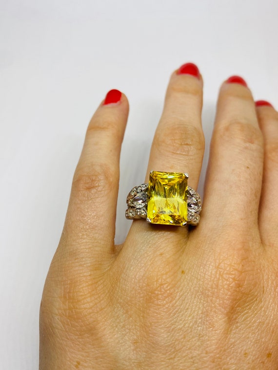 14K White Gold + Yellow Rectangular Stone + Clear… - image 3