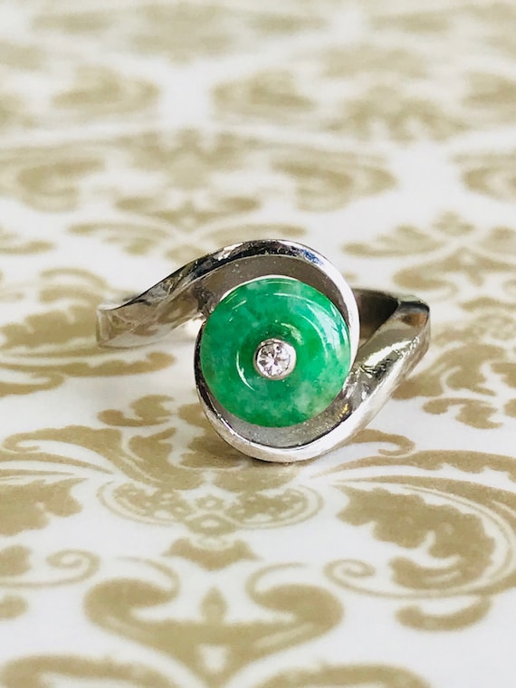 Estate 14 K White Gold + Jade + Diamond Ring SIZE… - image 1