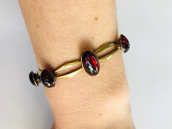 14K Yellow Gold + Cabochon Garnet 1920'S Bracelet… - image 4