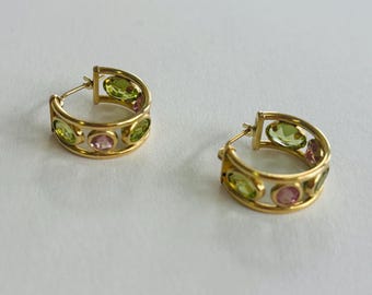 14K Yellow Gold + Pink/Green Small Hoop Earrings *VINTAGE*