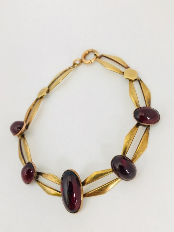 14K Yellow Gold + Cabochon Garnet 1920'S Bracelet… - image 3