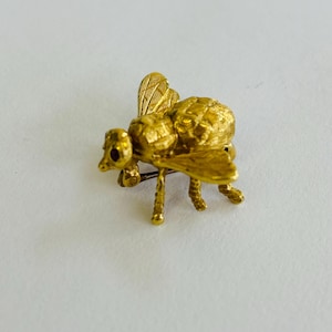 May include: A gold-colored insect brooch with detailed wings and body segments. The brooch has a pin on the back for secure attachment. The insect's eyes are small red dots. This jewelry piece is a unique accessory.