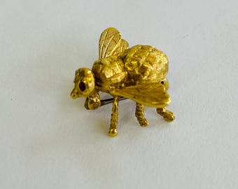 18K (High-Karat) Yellow Gold + Ruby-Eyed Bee Pin/Brooch *VINTAGE*