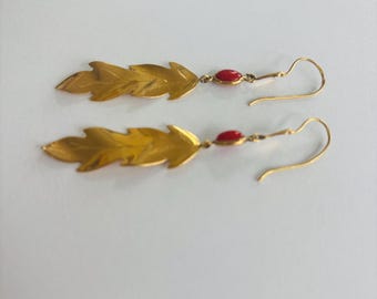 18K (High-Karat) Yellow Gold Leaf Dangle/Drop Earrings *VINTAGE*