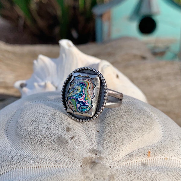 925 Sterling Silver Rare Vintage Fordite 50s Chevy Cadillac Shadowbox Ring size 8.5 SH