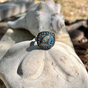 925 Sterling Silver Very Rare Vintage Fordite 50s Blue Chevy Cadillac Statement Ring size 9.5