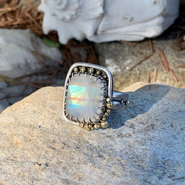 925 Sterling Silver and 14kt Gold Cushion Faceted Rainbow Moonstone Bubbles Statement Ring sz 9.25