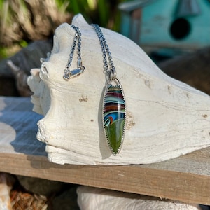 925 Sterling Silver Fish Surfboard Shape Surfstone Surfite Pendant Necklace SB233SH
