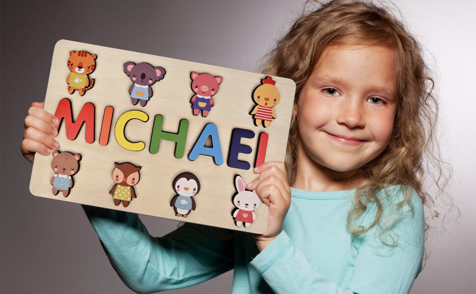 Mädchen Namen Puzzle, 1-jähriges Baby Geschenk, Mädchen Namen Geschenk, Baby Namen Puzzle, Verdicktes Namenspuzzle aus Massivholz, maßgeschneiderte Kindernamen