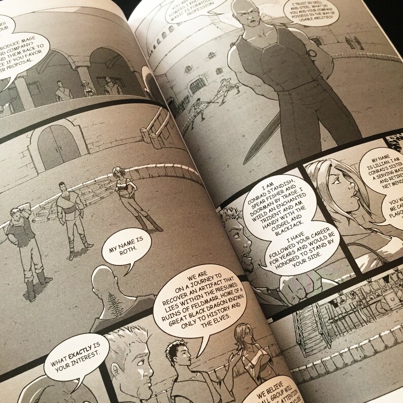 May include: A comic book page with a black and white illustration of a group of people in a medieval setting. The text in the comic book says "We are on a journey to recover an artifact that lies within the presumed ruins of Feldmarr, home of a great black dragon known only to history and the elves."