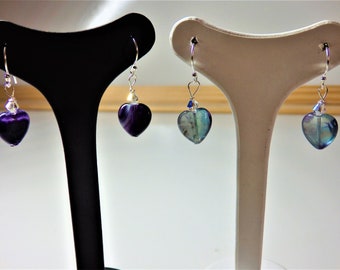 multicoloured Fluorite Hearts and Crackled Quartz hearts with a small Swarovski clear AB crystal on 925 Sterling Silver Earrings.