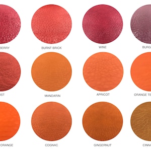 Può includere: Una collezione di 12 campioni di colore, ognuno dei quali rappresenta una tonalità diversa di rosso, arancione e marrone. I campioni sono disposti in una griglia di quattro righe e tre colonne. I colori sono etichettati con nomi come Lampone, Mattone cotto, Vino, Borgogna, Ruggine, Mandarino, Albicocca, Terracotta arancione, Arancione vibrante, Cognac, Pan di zenzero e Cannella.