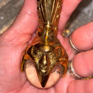 May include: A gold-colored bottle stopper featuring a bird claw design. The claw holds a clear, spherical glass stopper. The stopper has a detailed, ornate design and is held in a hand.