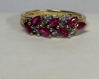 14 karat, yellow, gold, genuine ruby Marquis cut diamond ring size 7