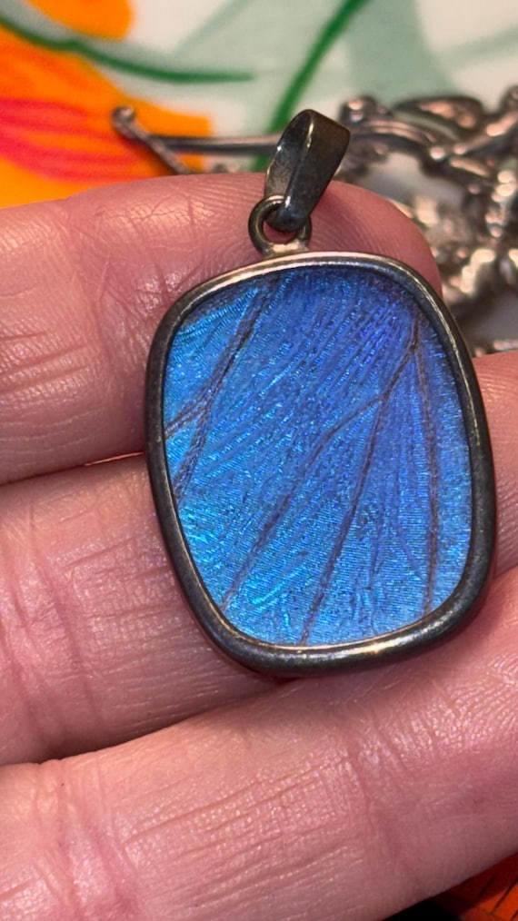 Sterling silver rectangle blue Morpho Butterfly w… - image 1