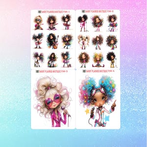 May include: Four sheets of stickers featuring illustrations of cartoon girls with curly hair, playing instruments or singing. The stickers have a white background and are labeled "SANDY PLANNER BOUTIQUE 796-1", "SANDY PLANNER BOUTIQUE 796-2", "SANDY PLANNER BOUTIQUE 796-3", and "SANDY PLANNER BOUTIQUE 796-4".