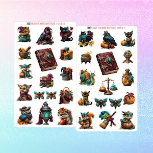 May include: Two sticker sheets from Sandy Planner Boutique labeled 1042-2 and 1042-1 featuring various illustrations including cats, ravens, spellbooks, pumpkins, snails, butterflies, owls, lanterns, and magical items in vibrant autumn and fantasy colors.