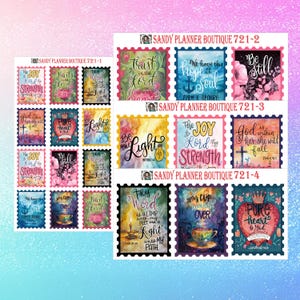 May include: A sheet of colorful planner stickers with inspirational quotes in a postage stamp design. The stickers feature phrases like "Trust in the Lord," "Be Still," and "Pure Heart." The stickers are from Sandy Planner Boutique.