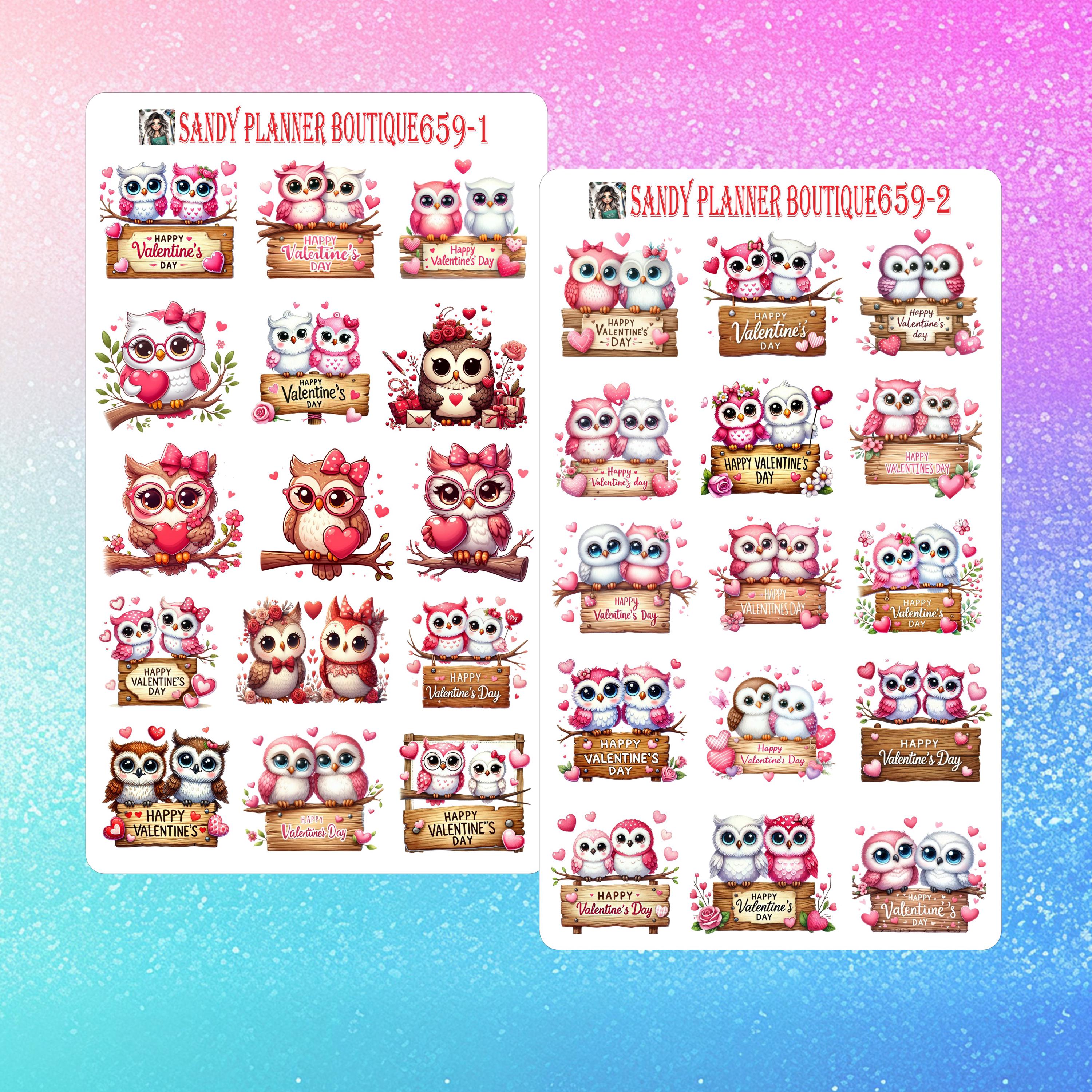 Owls In Love Valentine Day Planner Stickers | Waterproof Decorative Stickers 659-1 659-2