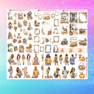 May include: Five sticker sheets from Sandy Planner Boutique labeled 510-2 through 510-5 featuring watercolor illustrations of autumn themes including pumpkins, harvest scenes, tractors, farm landscapes, and diverse people in seasonal clothing.