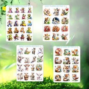 May include: Four sheets of planner stickers featuring various cute animal illustrations. The first sheet features frogs in different poses and settings. The second sheet features mice in various poses and settings. The third sheet features goats in various poses and settings. The fourth sheet features foxes in various poses and settings.