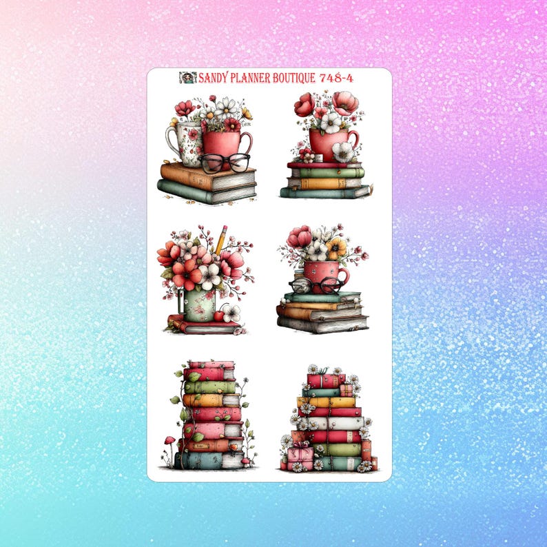 Books and Flowers Planner Stickers: Journaling Stickers 748-1 to 748-7 ...