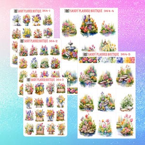 May include: Sheets of planner stickers featuring watercolor illustrations of floral arrangements, garden scenes, and fountains. The stickers include various flowers in vibrant colors, with the text "SANDY PLANNER BOUTIQUE" and numbers.