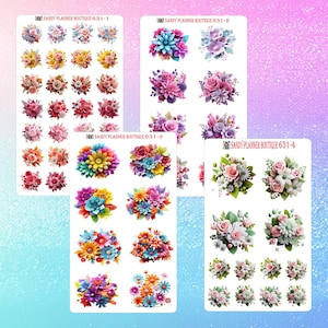 May include: Four sheets of floral stickers with the text "SANDY PLANNER BOUTIQUE 631-1", "SANDY PLANNER BOUTIQUE 631-2", "SANDY PLANNER BOUTIQUE 631-3", and "SANDY PLANNER BOUTIQUE 631-4". The stickers feature various colorful flower arrangements in shades of pink, yellow, blue, and purple.