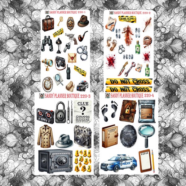 Detective Crime Scene Planner Stickers: Sleuth Scrapbooking Stickers 220-1 220-2 220-3 220-4